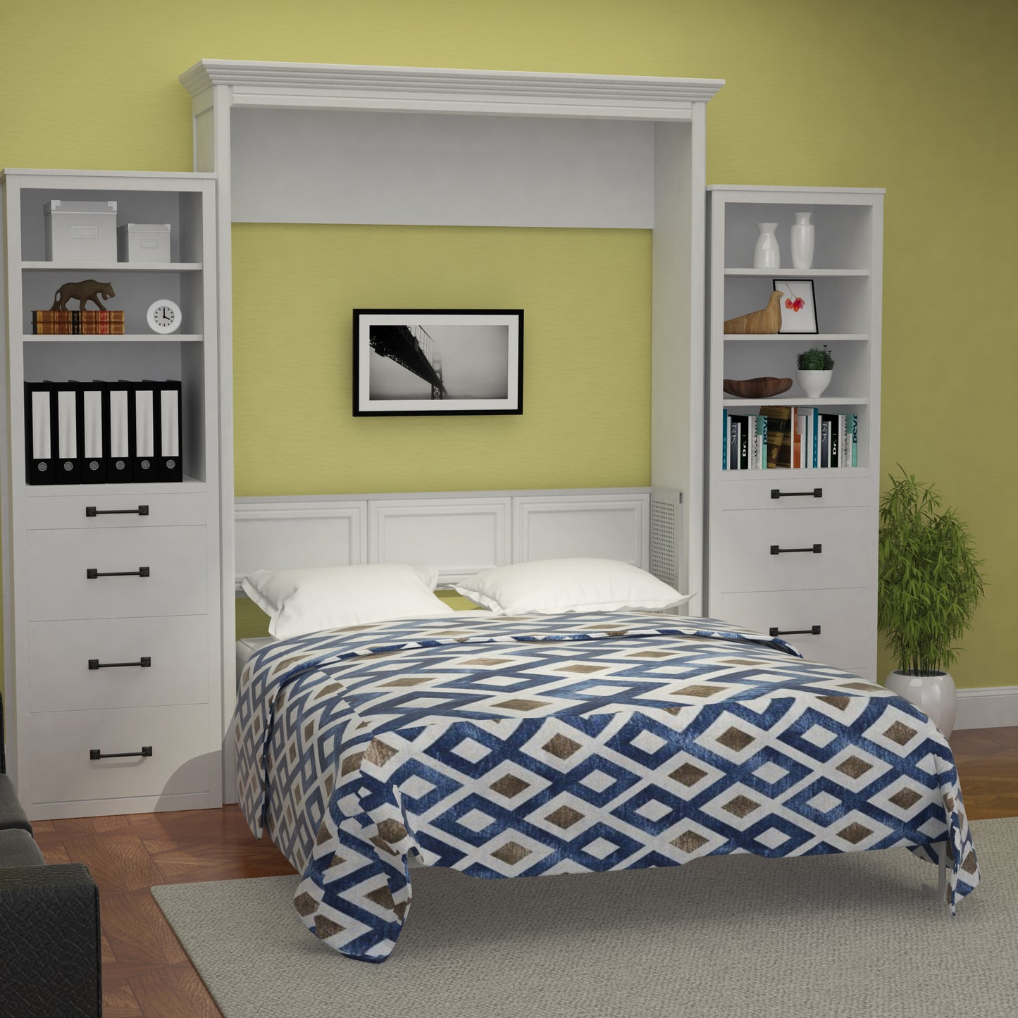 Adonis Queen Murphy Bed White with Double Side Towers