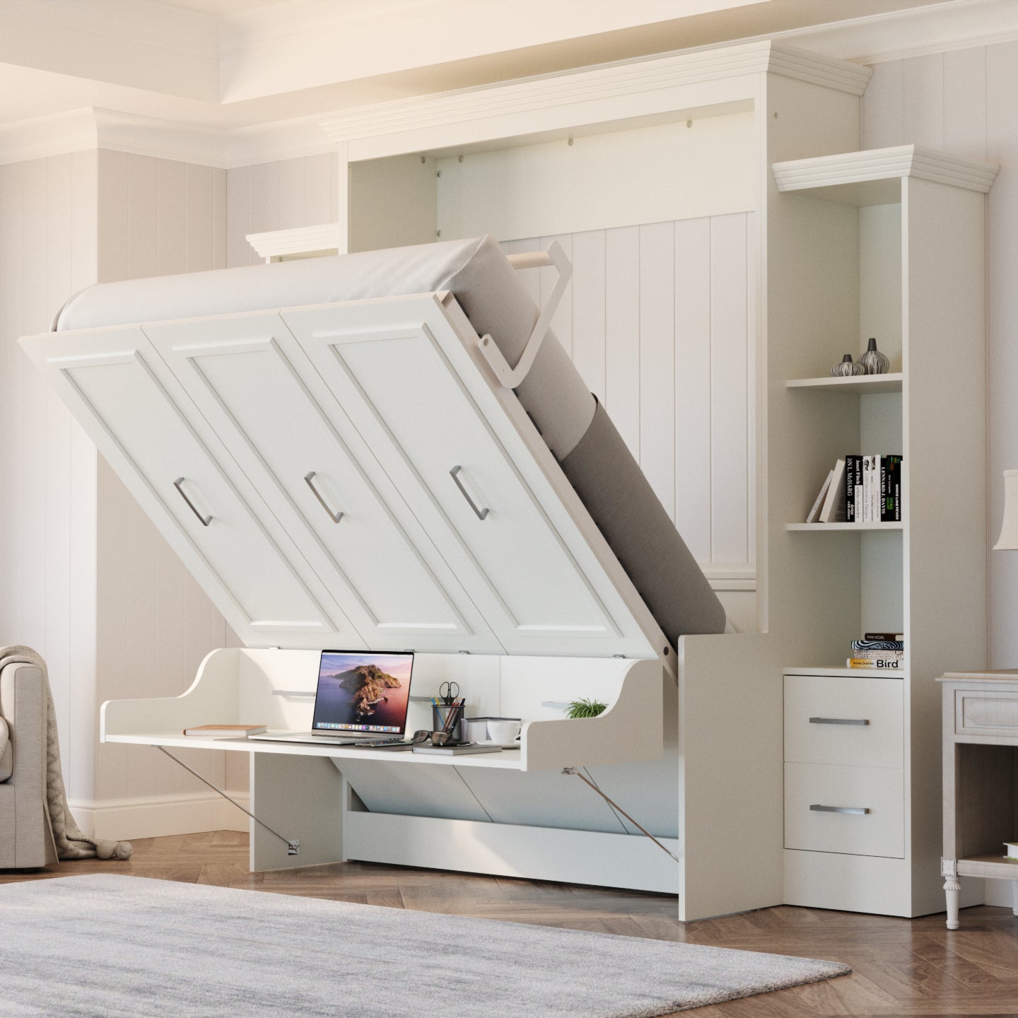 Aegis Queen Murphy Bed with Desk and Integrated Storage - USB Powered
