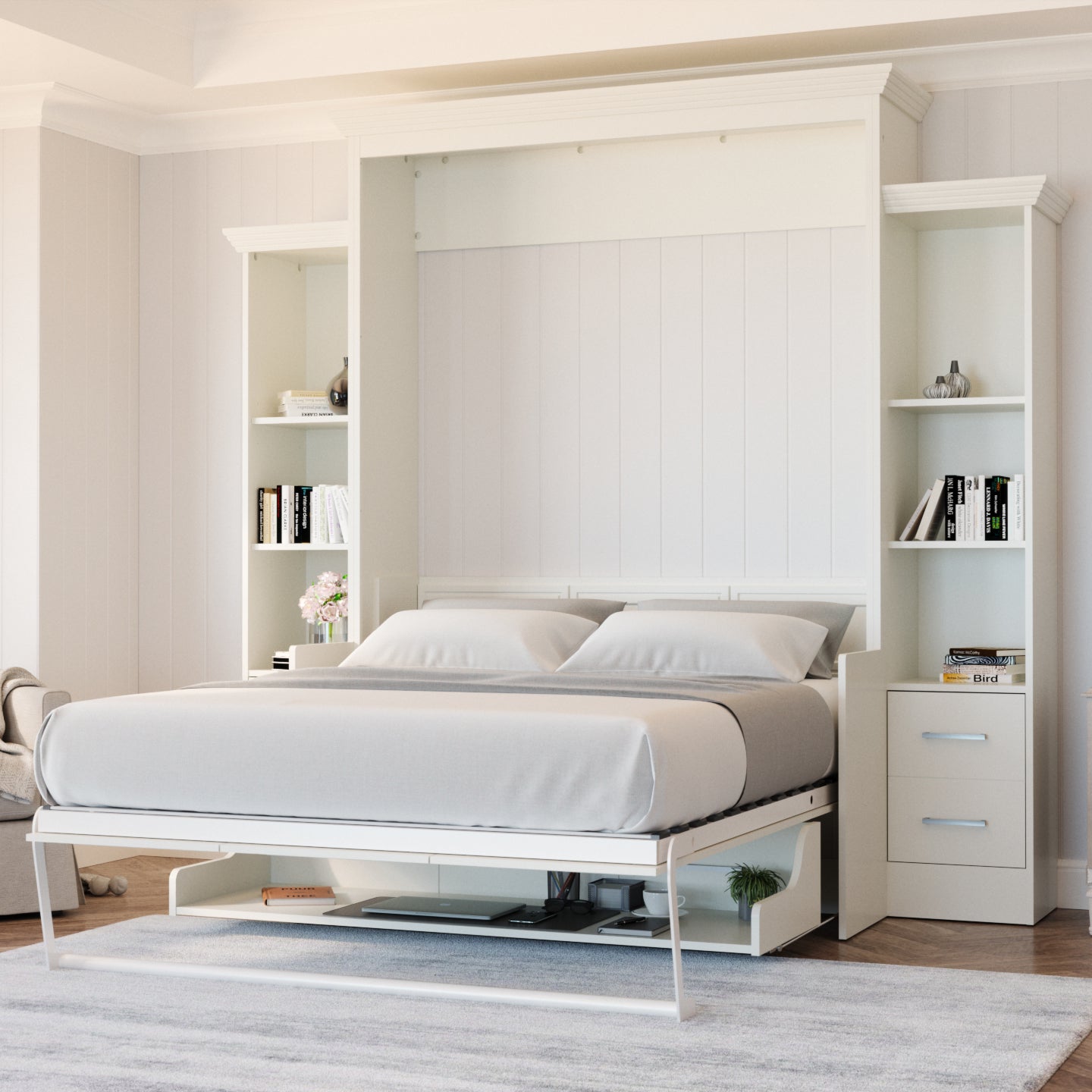 Aegis Queen Murphy Bed with Desk and Integrated Storage - USB Powered